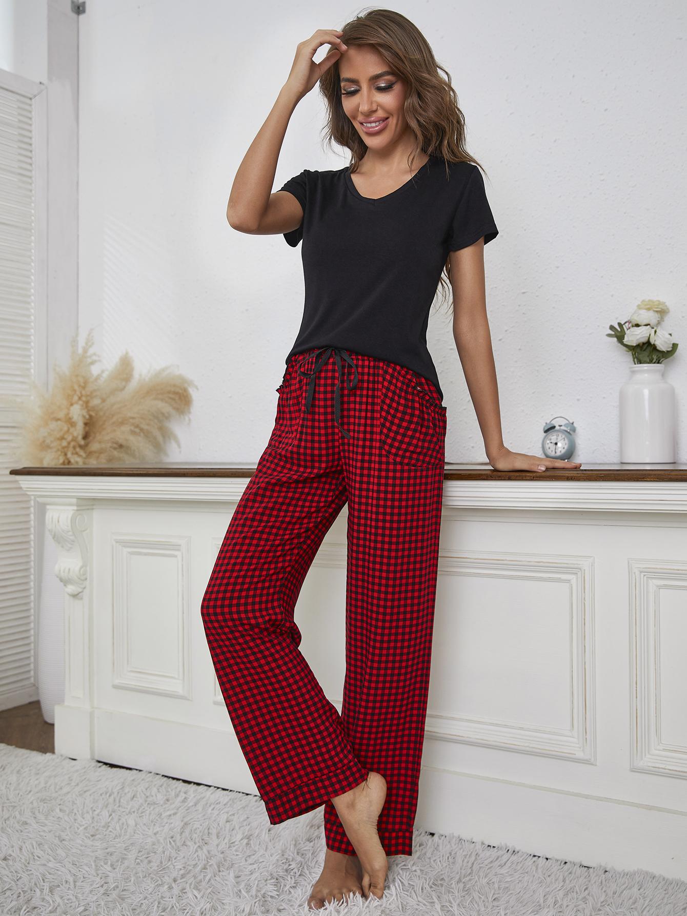 V - Neck Top and Gingham Pants Lounge Set - Mavella Boutique