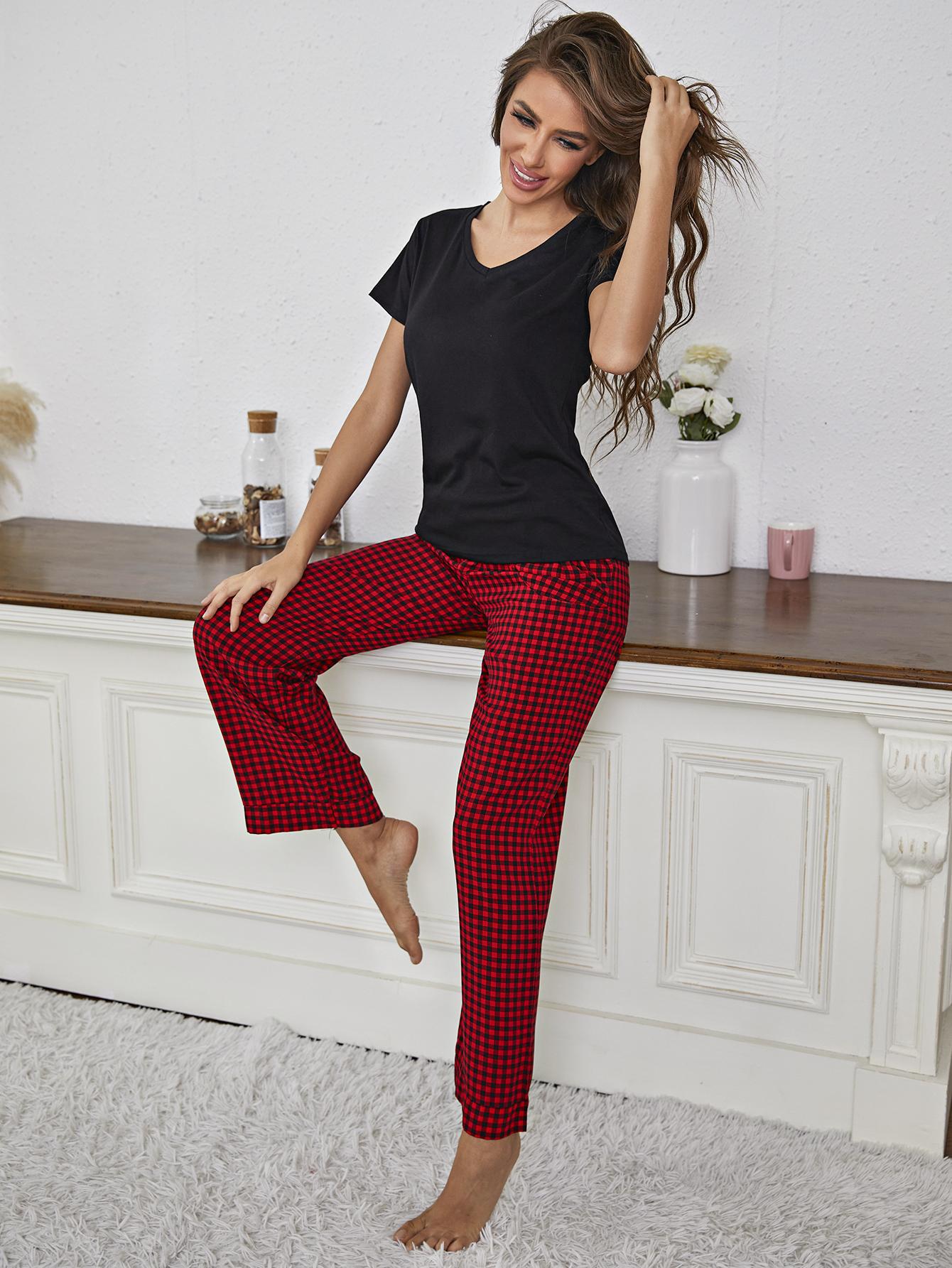 V - Neck Top and Gingham Pants Lounge Set - Mavella Boutique