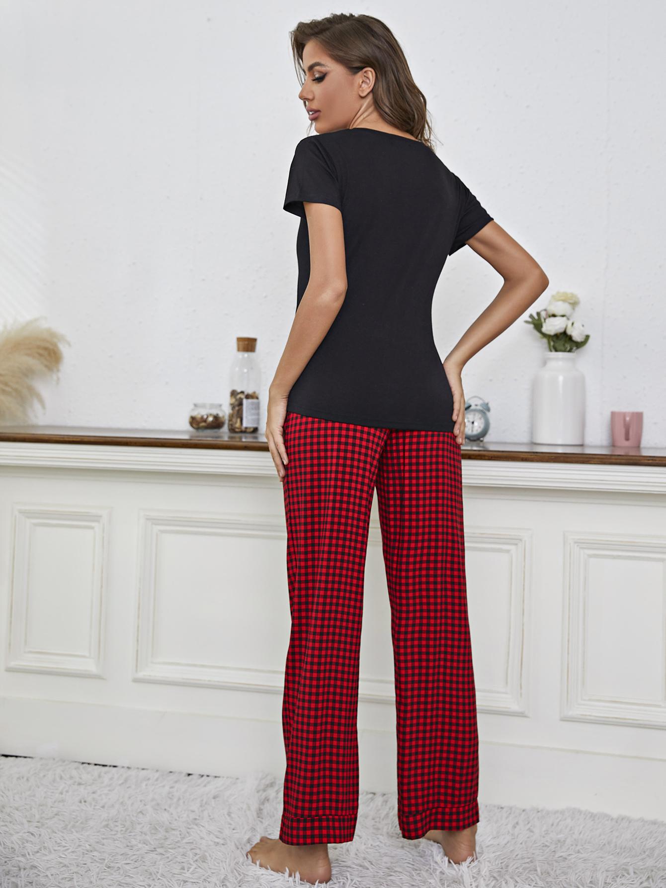 V - Neck Top and Gingham Pants Lounge Set - Mavella Boutique