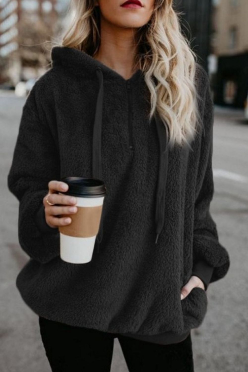 Full Size Quarter - Zip Drawstring Teddy Hoodie - Mavella Boutique