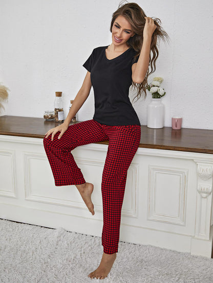 V - Neck Top and Gingham Pants Lounge Set - Mavella Boutique